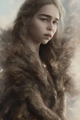 Perfect Emilia clarke face, dragon armor, fullbody, intricate, highly detailed face, highly realistic, fog, fire, particles