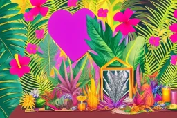 high contrast, Tropical flowers,heart drawing, crystals, tropical leaves, sacred altar, Fantasy temple,