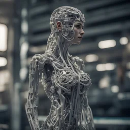 3d printed woman made of bent mechanic, insanely complex, many parts, very detailed, hdr, smooth, sharp focus, high resolution, award winning photo, 80mm, f2.8, bokeh