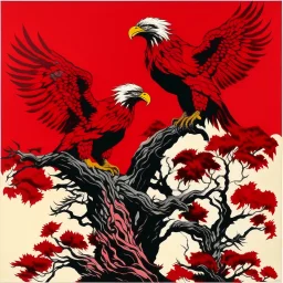 Dark red treetops with eagles designed in Mexican folk art painted by Andy Warhol