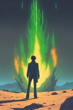 2.5D, cute boy, teenager, An epic atompunk-style image set in a nighttime desert. A man is in the dramatic act of ripping open his shirt to reveal a chest that burns with an intense atomic fire. His body is transforming into a glowing mass of pure nuclear energy, radiating hues of green and blue. wearing overcoat. The sand around him is illuminated by the brilliant light emanating from his form. Within the glowing inferno in his chest, an atom symbol is clearly visible, with electrons orbiting a