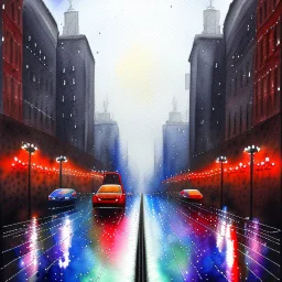 watercolor painting of a rainy street in Center City Philadelphia.