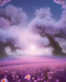sakura, grand arbres fleuris bleu or mauve rose, étoiles, à l'aube, glossy, très beau paysage de neige, orchidées, cascades, papillons, etoiles, champignons, jolies fées volent dans l'air, très magiques, château d'or dans le lointain, portail ornementé