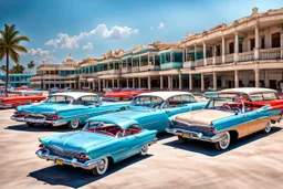 Fotorealistisch Parkplatz an der Promenade von Havanna vollgeparkt mit Chevrolet Impalas von 1959 und 1960, Chevrolet Nomad von 1957, Chevrolet Bel Air von 1954 und 1955, Ford Fairlane, Pontiac Safari, Buick Roadmaster, De Soto Fireflyte, allesamt mehr oder weniger heruntergekommen in prallem Sonnenlicht, im Hintergrund das Meer