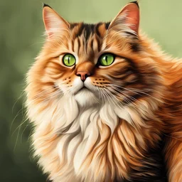 hyper realistic drawing of a cat, orange furr, green eyes, chubby, close up of the face, stares in the camera, natural light, high details