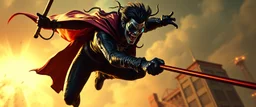 vampire cyberpunk action scene, acrobatic dodge, cape harlekin, spider venom, sun glasses, swing pole