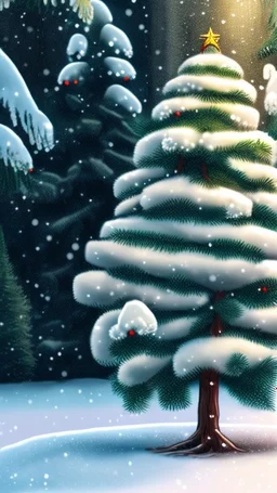 Tannenbaum Cartoon mit Schnee und Weihnachtskugel