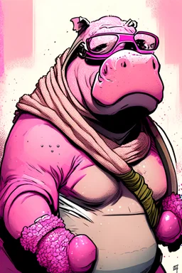 A pink hippo that is a ufc fighter, wearing a scarf, goggles, comic book