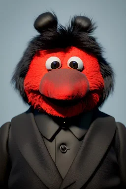 Waist up muppet Portrait, Kim Jong-un muppet doll, black suit, photo studio, red background, unreal engine 5, concept art, art station, god lights, ray tracing, RTX, lumen lighting, ultra detail, volumetric lighting, 3d.