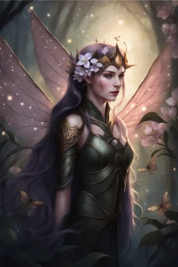 Peach hair ,elven warrior,,Hydrangea,orchids,lilies of the valley,night,peachy hair,rapunzel hair,elven crown,dragonflies,pointed ears,elven ears,dark fairy princess,sparkle,,dark gold armour,fairy wings,,night stars