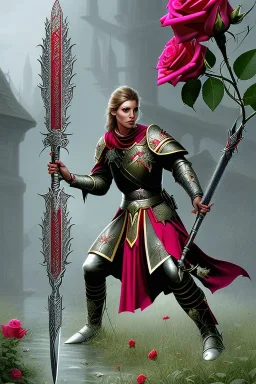 A large metal holy spear weapon covered in rose's and thorns, realistic, fantasy,