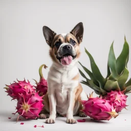 A dog sitting in front of a dragon fruit on a light background for removal