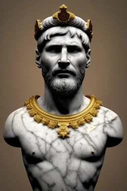 Realistic image, Roman sculpture made in white marble with gold veins, Lionel messi with gold laurel leaves crown, decorative star on the chest, waist up portrait, marble material, gold ornaments, Baroque style, sun rays background, epic, celestial, cinematic lighting, God lights, 4k resolution, smooth details, soft lighting, unreal engine 5, art station, substance 3d.