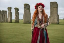 A tall slim red-headed young woman, dressed like a gipsy, standing in front of Stonehenge