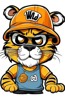 a cartoon TIGER wearing a baseball cap and sunglasses, HOLDING ARE WRRITTEN BELO READ