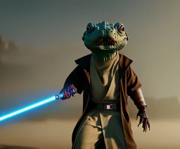 Star wars animation, crocodile, gas mask, samurai robe, holding lightsaber, hands, wrist gauntlets