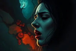 midle close human woman cry and howling, pain, thriller, alone, dark colors, sharp focus, surreal shapes, faded colors, dark mood, surreal, dramatic atmosphere. intricate, stunning textures , illustration by Juan Brufal, by Esté MacLeoad, Cyril Rolando, Hayoa Miyazaki