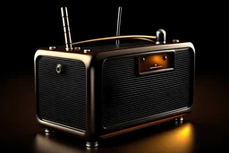 cartoon-looking brown and silver colored vintage radio has an antenna sticking out from the top of it. black dominates the entire background of the photo.