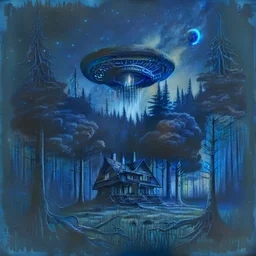 a black metal album cover showing a dark forest with a house in the distance and a UFO in the sky dark blue photorealistic