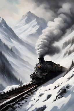 a painting of a steam train winding through a steep snowy mountain, from a distance, matte painting, detailed, hyperrealism, bold lines, gloomy