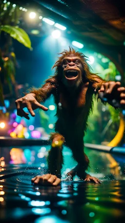 selfie by pimp rocker alien bigfoot gremlin diving in water slide in the middle of crazy dance moves dancing in dark lit reflective wet jungle hall tunnel,bokeh like f/0.8, tilt-shift lens 8k, high detail, smooth render, down-light, unreal engine, prize winning