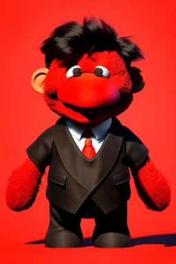 Waist up muppet Portrait, Kim Jong-un muppet doll, black suit, photo studio, red background, unreal engine 5, concept art, art station, ray tracing, lumen lighting, ultra detail, volumetric lighting, 3d.