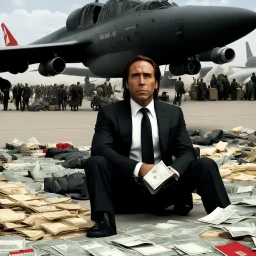 Lord of War (2005) the guy is waiting on the tarmac, surrounded by war material, missiles and bombs in cases, he is a tuxedo and has a bag open on the ground, filled with bank notes