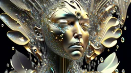 Waterfall, figure of a Woman, art from the "art of control" collection by Jasper Harvey, in the style of futuristic optics, silver and gold, flower, bird, detailed facial features, swirling vortices, 8k 3d, bizarre cyborgs, made of crystals, high detail, high resolution, 8K