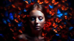 A surreal portrait of a woman's face surrounded by colorful butterflies in various shades of red, orange and blue. The woman's eyes are closed, giving the image an ethereal, dreamlike quality. The background is dark, allowing the butterflies to stand out and create a visually striking composition.