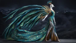 A majestic figure with a bird-like head and long, flowing feathers that resemble a peacock's tail. The figure stands against a dark, mountainous backdrop. The feathers are vibrant with shades of blue, green, and gold, and they spread out dramatically, almost as if they are in motion. The figure's body is adorned with intricate patterns and designs, and it wears a long, flowing dress that mirrors the colors and patterns of the feathers. The dress has a high slit on one side, revealing a leg.