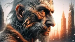 Double exposure, Wolfman, photorealism, man, city, sunset, snow, rain, fantasy, mystical, tattoo, vertical pupils, high detail, high resolution, 8K