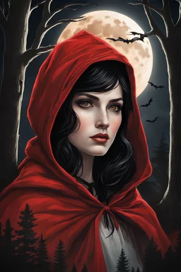 Very realistic dark and whimsical illustration of Little Red Riding Hood. She has large, captivating eyes with bright red irises and her face is framed by wavy black hair. She wears a bright red hooded cloak, under which bats are seen flying. The background is a haunting forest with tall, silhouetted trees, and a white moon casting its glow. he atmosphere is mysterious with elements of gothic fantasy with wolf in the background, by artgerm and rutkowski ,8k, UHD, magic fantasy,