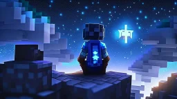 Minecraft Character, minecraft theme, purple starry sky, meditating, aesthetic, facing back