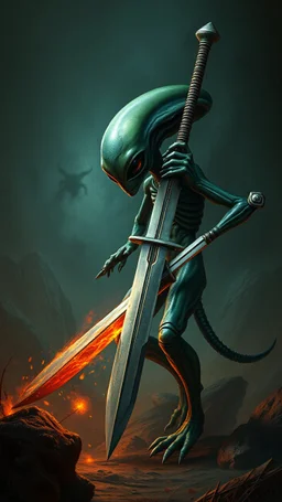 Bosch painting style nightmare in 3D , an Alien with sword has dual with a viking background, high Quality picture , 8k