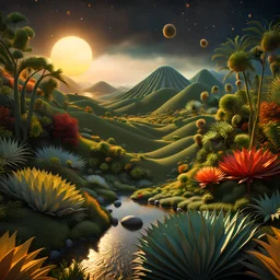 An incredibly peaceful detailed landscape, Max Ernst, Henri Rousseau, Haji Widayat, primordial nature, sun, strong texture, extreme detail, intricate, strong colours, bas-relief, high resolution, volumetric light, 8k, 3d, cinematic, rich moody colors, sparkles, decal, octane render, 55mm photography, 8k, sharp focus, volumetric light, ZBrush