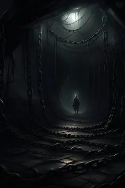 "Illustrate the harrowing journey of victims through a dark, labyrinthine network of chains and shadows, with a glimmer of hope breaking through."
