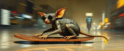 master oil painting by Rembrandt,the tilted quilter,glasses and ticks, cyberpunk imagery synchronized mechanical gremlin rat bat laying low, drumming kit flat board trike flickering stable core, wet reflective salt flat city, fast motion blur background