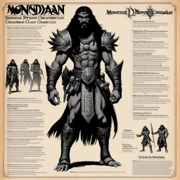 monster concept sheet with AD&D statistics and characteristics : the Sandokan (1976) character class with table of special powers