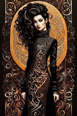 an abstract full body portrait of a goth punk girl from calligraphic letters, flourishes, and swirls , finely drawn and inked, in classic Arabic calligraphy, 4k, hyper detailed in the style of EL SEED and vibrantly colored in the style of GUSTAV KLIMT