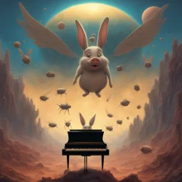 monochromatic bugs bunny composer piano, diffrent planet, one swine pig piggy flying wasp angel, beksinski style daker theme