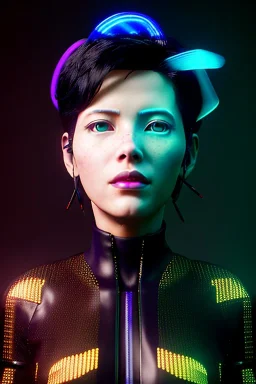 Ghost in the shell style, pretty cyber woman, cables, futuristic, blood, black, gold, brown, geisha style, decorative color feathers, simétrico, circuits, neon style, a lot of led lights, fog, rain, vibrant color, highly detailed, art stations, concept art, smooth, unreal engine 5, god rays, ray tracing, RTX, lumen lighting, ultra detail, volumetric lighting, 3d, finely drawn, high definition, high resolution.