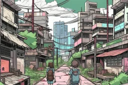 TLOU Town but as a coloured manga style, no characters just city landscape. in the style of Tatsuki Fujimoto