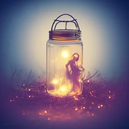 glowing Garden Pixies and Fairies in a lantern, many fairy lights inside a belljar, ghostly lights, polaroid, symmetry, bioluminescence, luminescent glow, moody, tender, photorealistic, octane render, golden hour,MTG,digital painting,by Anna Dittmann