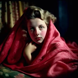 Lana turrner, grunge, in a red and oink blanket, autochrome, baroque, studio