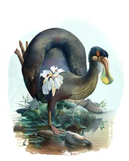 John James Audubon-like illustration of a fully uncropped Dodo bird and a Platypus in a landscape of warm yellows, warm reds, and warm blues