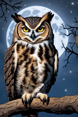 a horned Owl sitting on branch in oak tree with full moon behind it