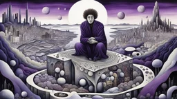 inner world ,a nonbinary human figure crouched in the middle of a multi-layered thick amorphous block of stone consisting of several layers, around weird whimsical landscape city in the distance, pale eyes, pale hands faint human figures, dark purple, gray, black, white, brown. Whimsical style of Chagall , of Minjae Lee and Anton Semenov, lonely with absurd broken land, neuron network background, surreal vibe