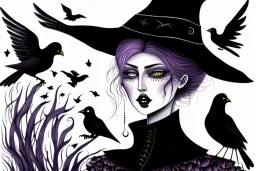 Witch, playing with crows, black cat, perfect iris, ink and pencil, style Elisabeth Kreitz