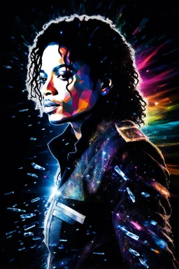 Michael Jackson portrait - pitch-black background with a blue glowing overhead spotlight effect, multicolored shards of ice, splashing water, prism effect, mosaic effect, time travel, space voyages, superheroes, moving really fast