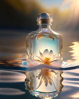 A delicate and noble glass perfume bottle was placed in the middle of the water,The sunlight asperses full, on the water flutters falls the petal, has the dew, the crystal clear feeling, the warm color tone,Headshot, Center the composition,Hyper-realistic style, realistic, photography, high detail, high quality, high resolution, 8k